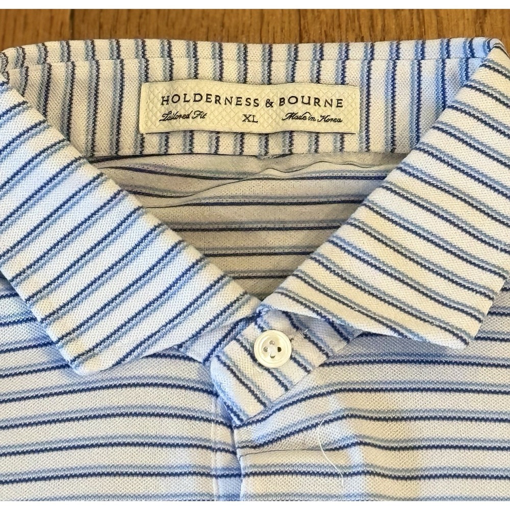 Holderness & Bourne Polo Golf Shirt Mens XL Tailored Fit Blue Striped Embroidery - Picture 6 of 8
